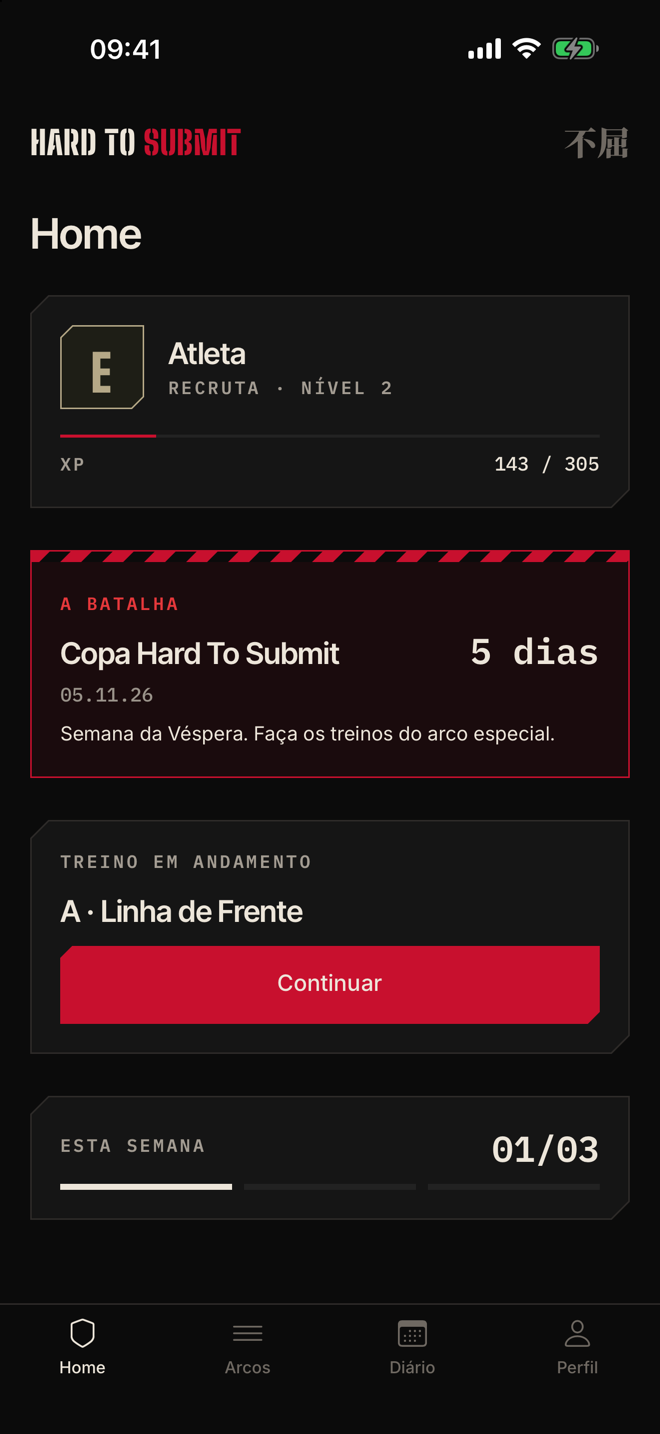 Tela inicial com patente, XP, a Batalha e o treino em andamento